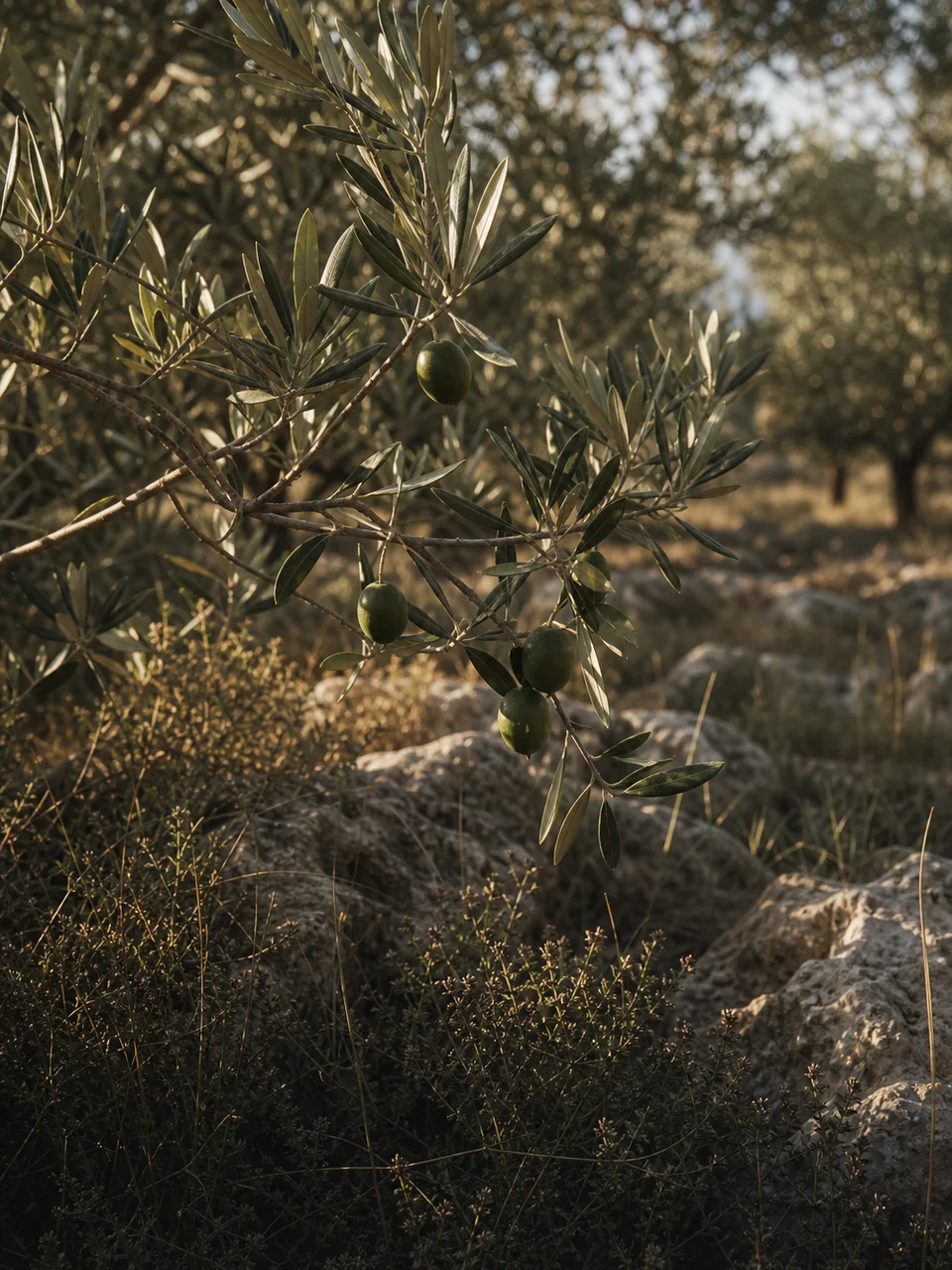 Olive branch and fruit in warm grove light — Oliva visual study