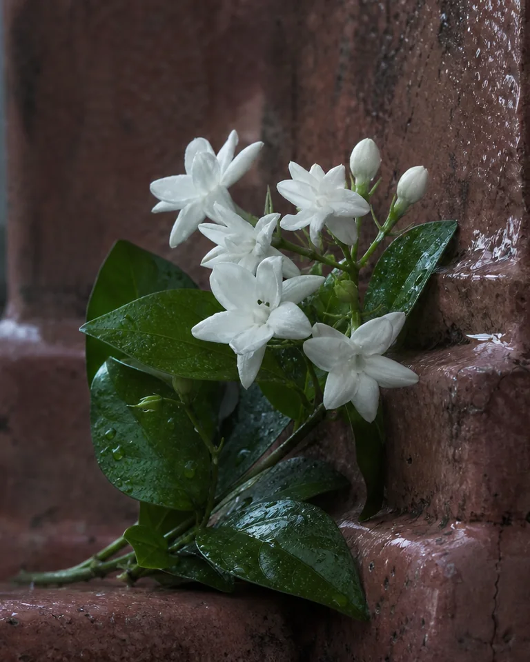 Small jasmine flowers and green stems against rain-cooled stone.