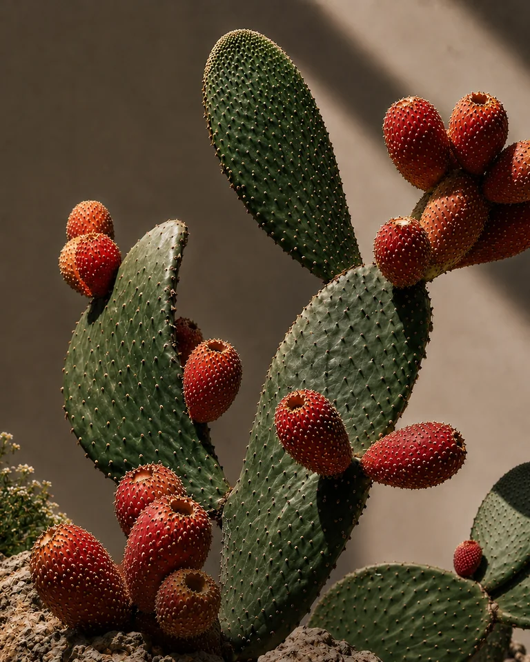 Conceptual Beles atmosphere of prickly pear held in controlled mineral light.