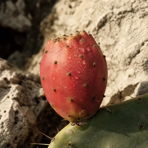 Cut prickly pear fruit showing coral flesh, seeds and fresh cactus skin.
