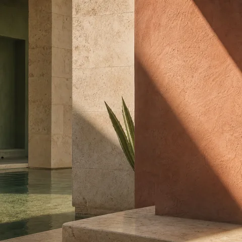 Sun-warmed limestone, dry grass and cactus skin in muted ochre light.