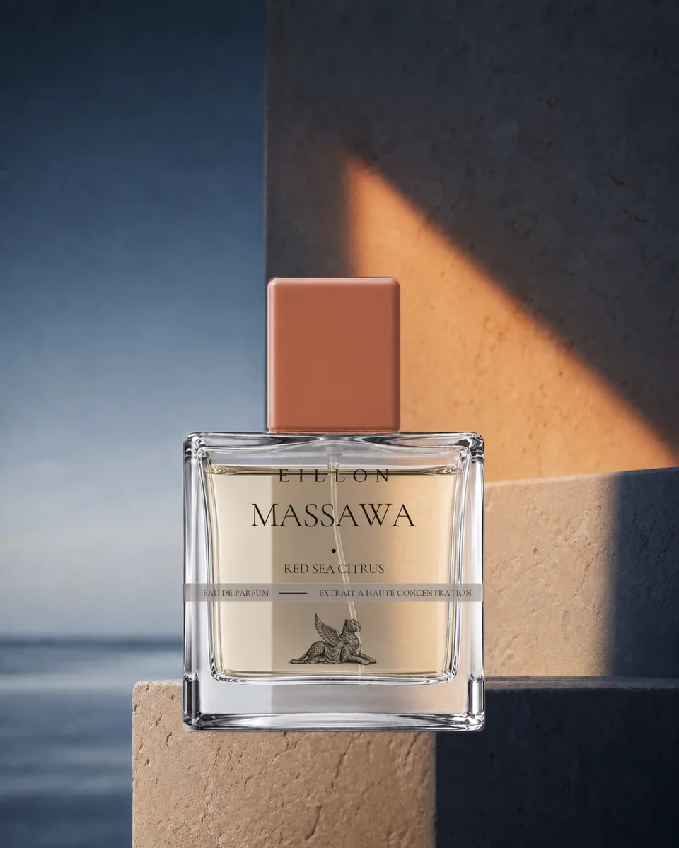 Massawa packaging concept in liquid-filled clear square glass with a muted burnt-papaya cap and complete grey-band typography.