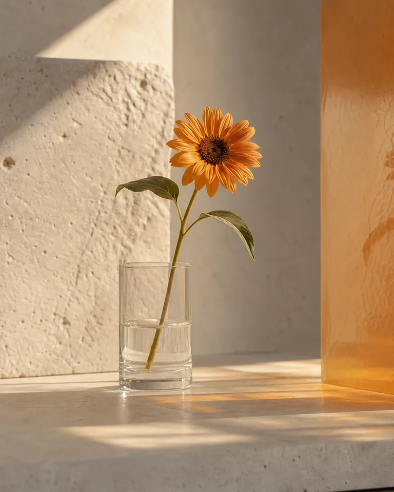 A dry solar flower with muted orange petals under controlled coastal light.