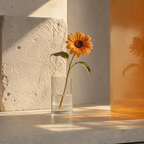 A dry solar flower with muted orange petals under controlled coastal light.