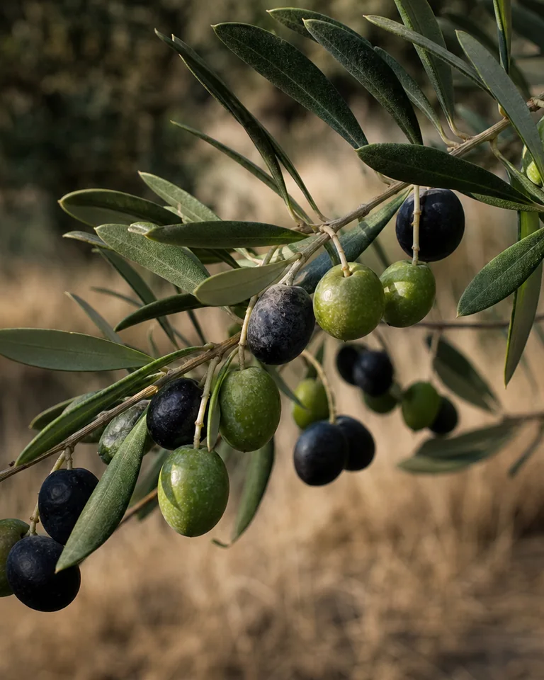 Green and black olives with natural bloom on pale mineral stone.