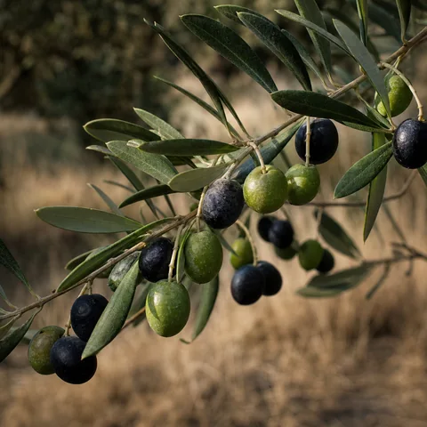 Green and black olives with natural bloom on a pale mineral surface.