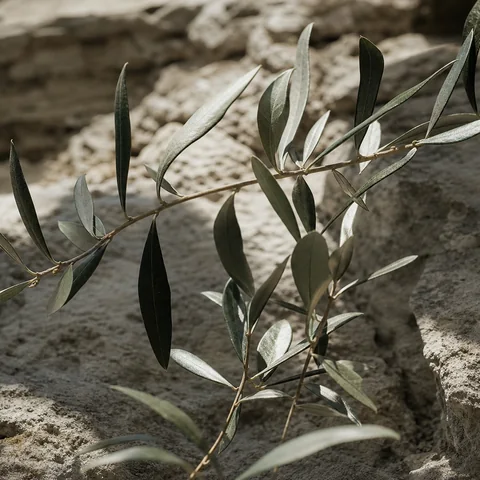 Olive leaves showing their dusty green face and silver underside.