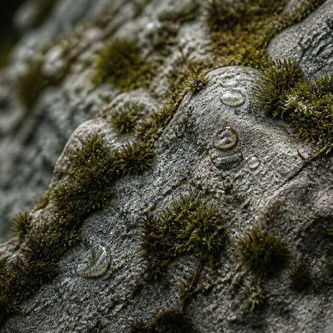 Saturated moss and crushed green stems holding fine rain beads.