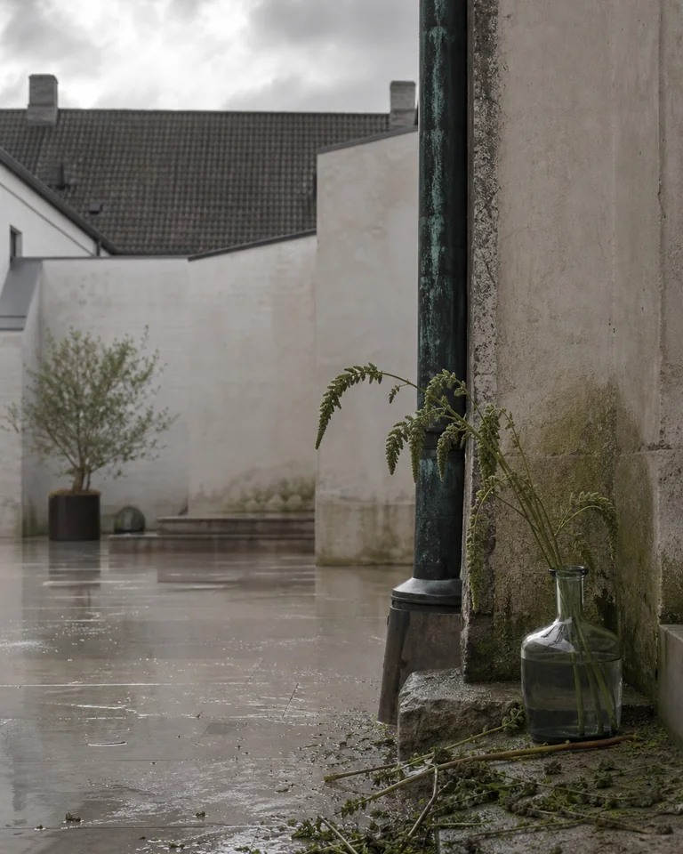 Rain-cooled air over oxidized metal, wet stems and pale courtyard stone.