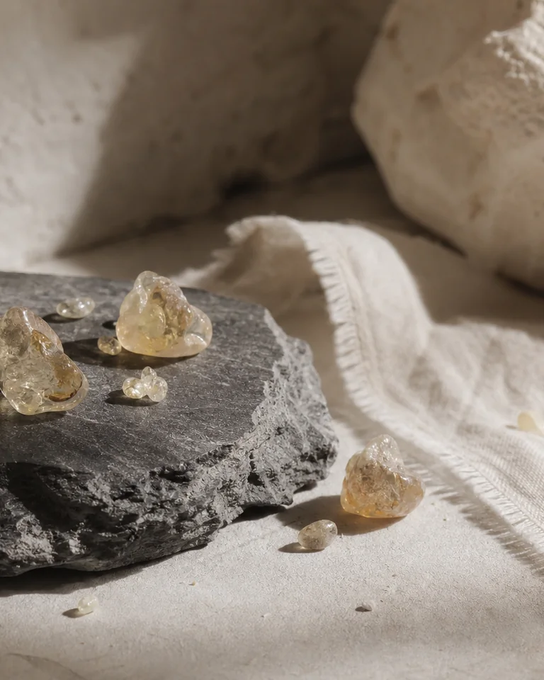 Raw frankincense resin tears on dark mineral stone with a fine trace of smoke.