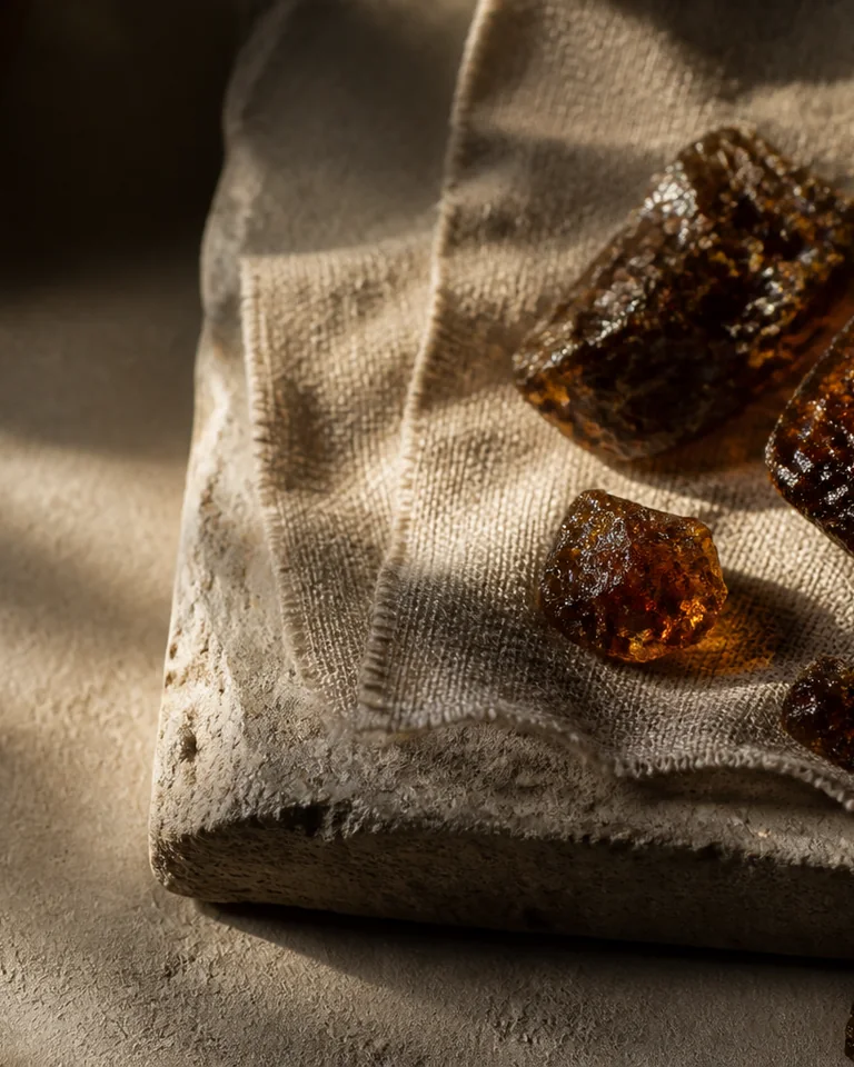 Dark myrrh resin with warm translucent edges on undyed linen and stone.