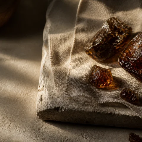 Dark myrrh resin with warm translucent edges on undyed linen and stone.